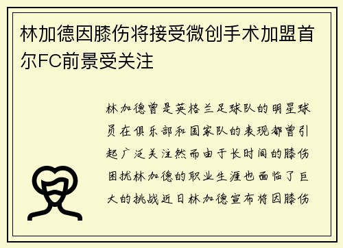 林加德因膝伤将接受微创手术加盟首尔FC前景受关注 林加德因膝伤将接受微创手术加盟首尔FC前景受关注
